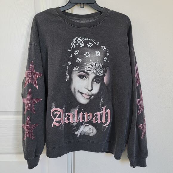Aaliyah Goodie Two Sleeve‎ Sweatshirt Star Women's Medium Gray EUC Y2K Style - Picture 1 of 11